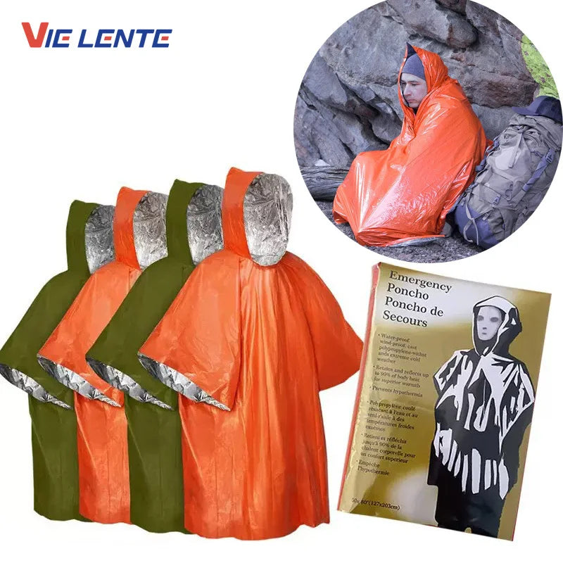 Emergency Rain Poncho Thermal Blanket Poncho Weather Proof Outdoor Survival Camping Gear Survival Gadgets Emergency Supplies
