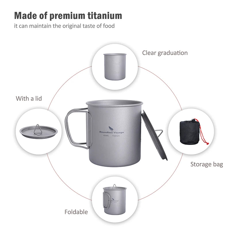 Boundless Voyage Camping Titanium Cup Mug Outdoor Tourist Picnic Cooking Hanging Pot Tableware Hiking Kitchen Equipment Cookware