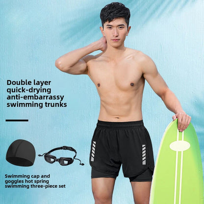 2025 New Anti Embarrassment Swimming  Gear Complete Adult Swimsuit Set Swim Cap Goggles 3 Pcs Set  Swimming Trunks for Men Short