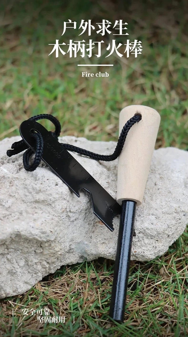 New Wilderness Survival Portable Flint Kit - Magnesium Fire Starter Stick with Wooden Handle for Camping Outdoor Equipment Tool