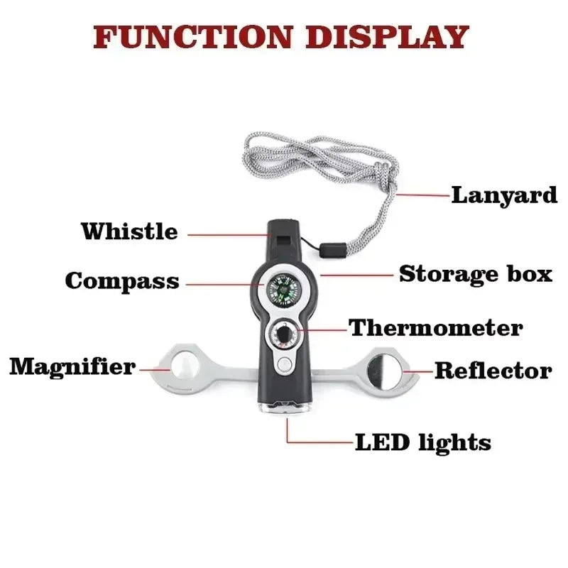 NEW 1PC 7 in 1 Survival Whistle High Decibel Rescue Whistle with LED Light Thermometer Compass Survival Reflective Signal Mirror