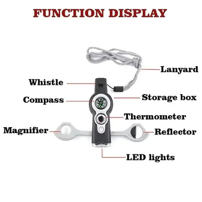 NEW 1PC 7 in 1 Survival Whistle High Decibel Rescue Whistle with LED Light Thermometer Compass Survival Reflective Signal Mirror