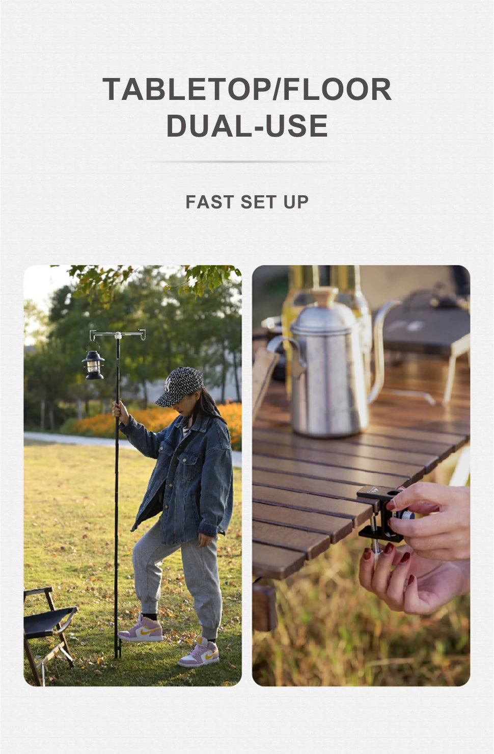 WESTTUNE Camping Lamp Stand with Double Hooks Aluminum Alloy Foldable Lamp Pole Telescopic Outdoor Light Holder Lamp Hanger