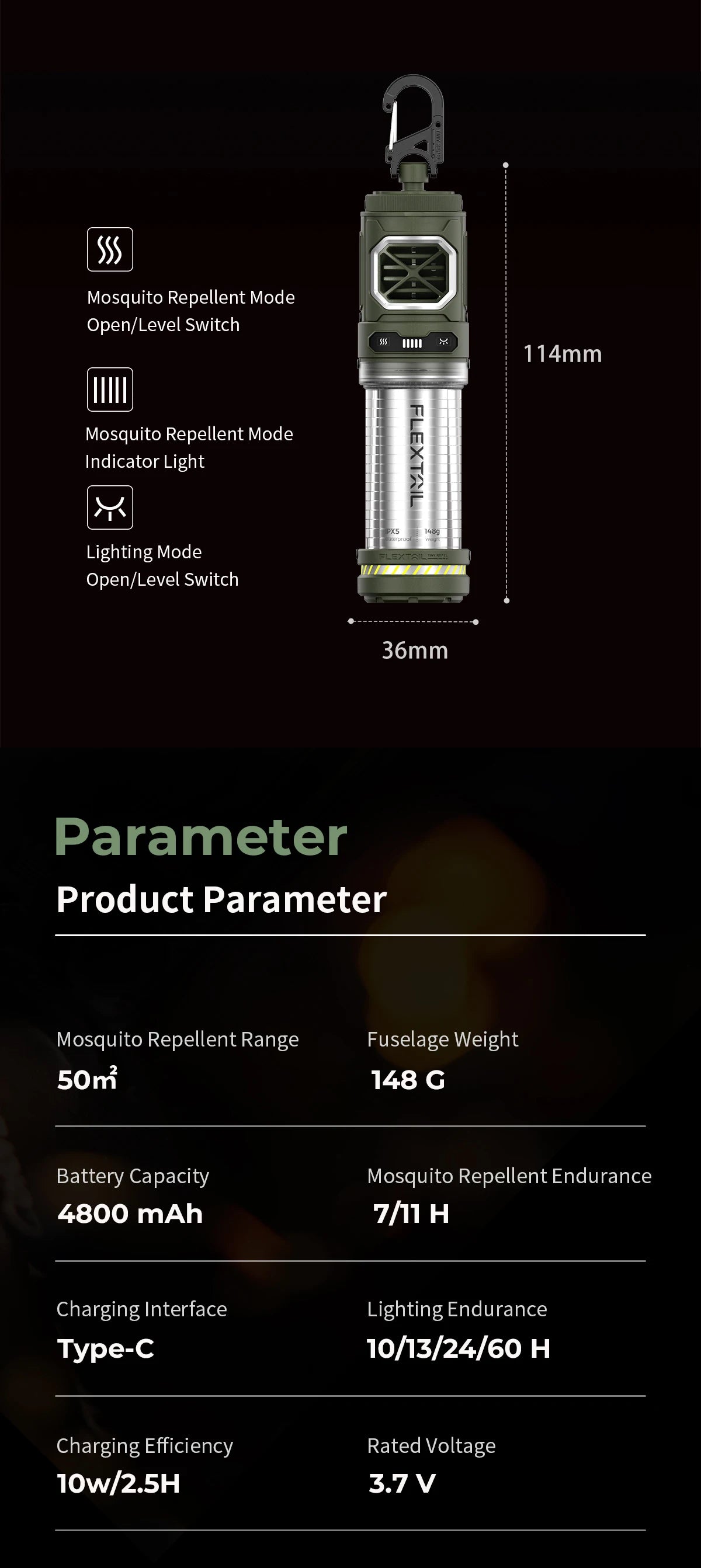 FLEXTAILGEAR TINY REPEL Mosquito Repellent&Lamp Lightweight Outdoor With Rechargeable 4800mAh Battery Camping(No Repellent Pads)