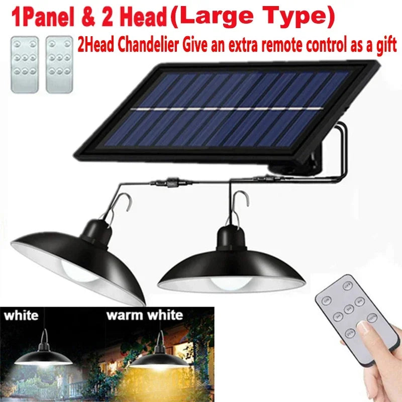 Solar Pendant Light Outdoor Waterproof LED Lamp Double-head Chandelier Decorations with Remote Control for Indoor Shed Barn Room