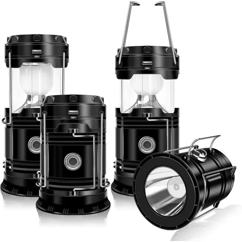 4Pack Solar Camping Lantern,Collapsible LED Solar USB Rechargeable Flashlight Emergency Hanging Lights for Camping Power Outages