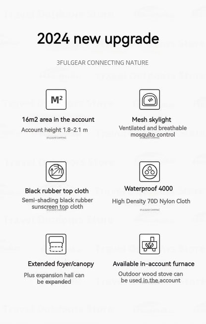 3FUL GEAR 2.0 Beetle 16 Dome Tent 70D Nylon Spherical Tent Breathable Large Space Tunnel Tent With Chimney Mouth Camping Hiking