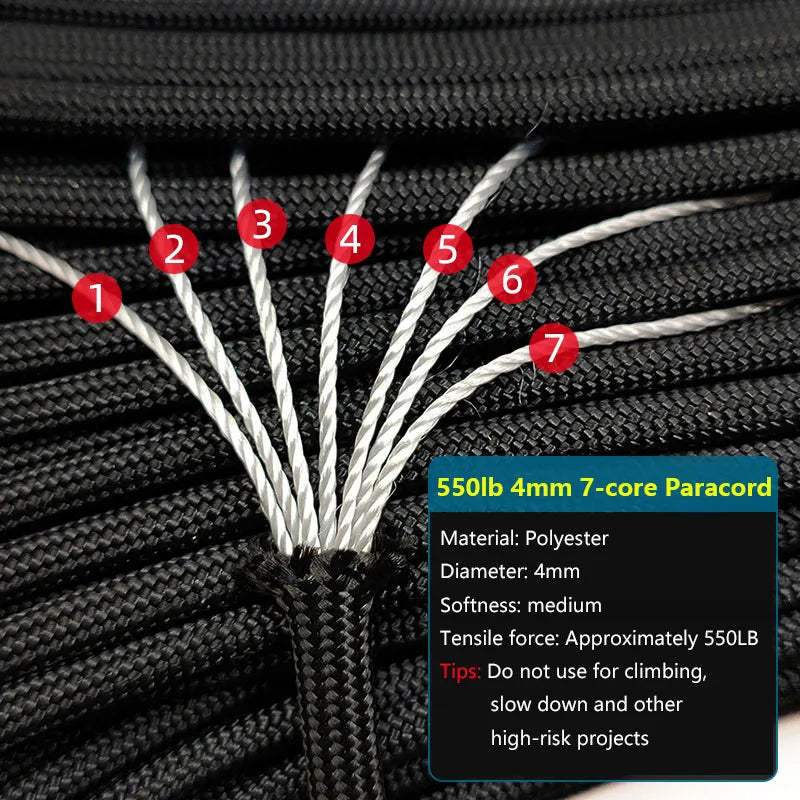 4 Size Dia.4mm 7 Stand Cores Paracord 550 For Survival Parachute Cord Lanyard  Climbing Camping Rope Hiking Clothesline Bracelet
