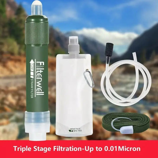 Portable Water Filter for Camping, 0.1 Micron Survival Purifier Bag, Emergency Outdoor Hiking Gear with 3-Stage Filtration 2024