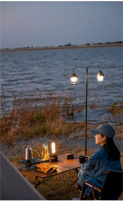 WESTTUNE Camping Lamp Stand with Double Hooks Aluminum Alloy Foldable Lamp Pole Telescopic Outdoor Light Holder Lamp Hanger