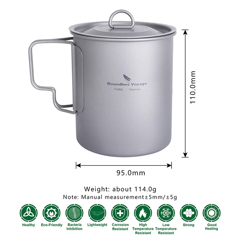 Boundless Voyage Camping Titanium Cup Mug Outdoor Tourist Picnic Cooking Hanging Pot Tableware Hiking Kitchen Equipment Cookware