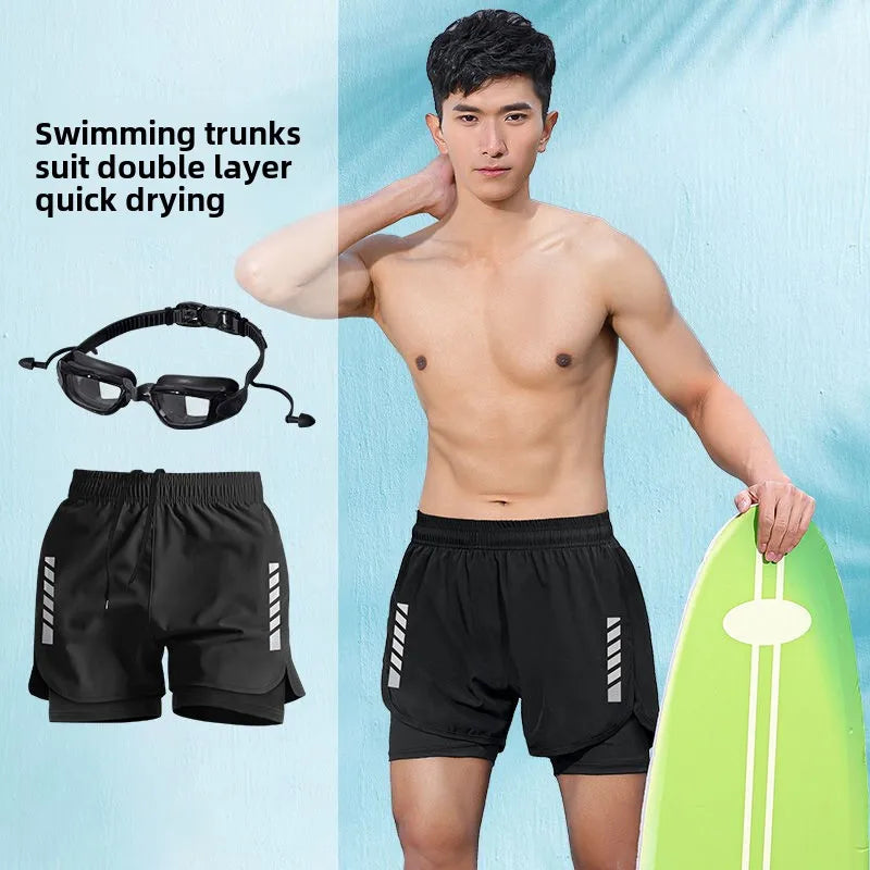 2025 New Anti Embarrassment Swimming  Gear Complete Adult Swimsuit Set Swim Cap Goggles 3 Pcs Set  Swimming Trunks for Men Short