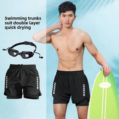2025 New Anti Embarrassment Swimming  Gear Complete Adult Swimsuit Set Swim Cap Goggles 3 Pcs Set  Swimming Trunks for Men Short