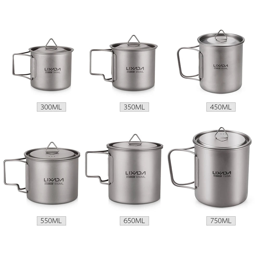 Lixada Ultralight Titanium Cup Mug 300/350/550/650ml/750ml Outdoor Water Cup Picnic Water Mug Tableware with Foldable Handle