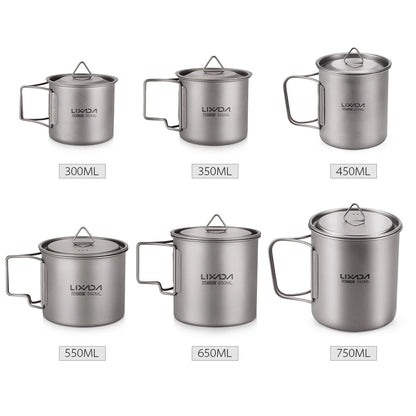 Lixada Ultralight Titanium Cup Mug 300/350/550/650ml/750ml Outdoor Water Cup Picnic Water Mug Tableware with Foldable Handle