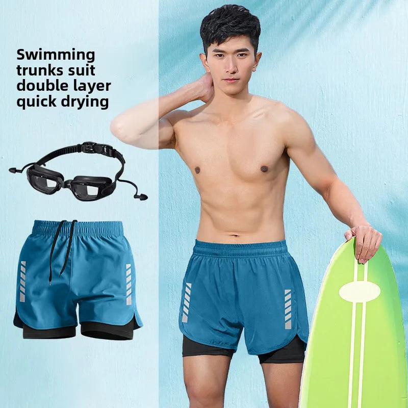 2025 New Anti Embarrassment Swimming  Gear Complete Adult Swimsuit Set Swim Cap Goggles 3 Pcs Set  Swimming Trunks for Men Short