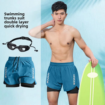 2025 New Anti Embarrassment Swimming  Gear Complete Adult Swimsuit Set Swim Cap Goggles 3 Pcs Set  Swimming Trunks for Men Short