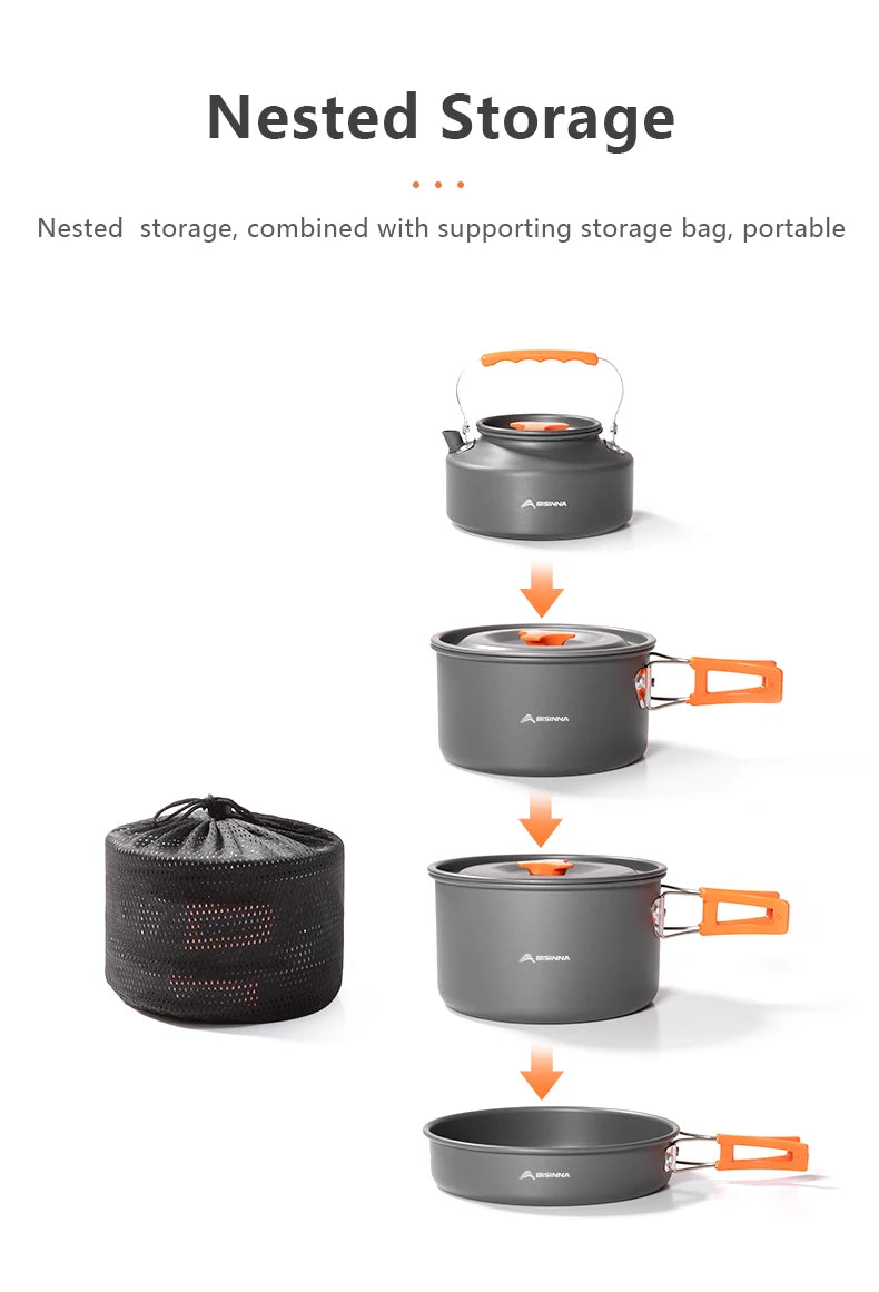 BISINNA Outdoor Aluminum Alloy Camping Cookware Utensils Water Kettle Pan Pot Cooking Set for Travelling Hiking Picnic BBQ