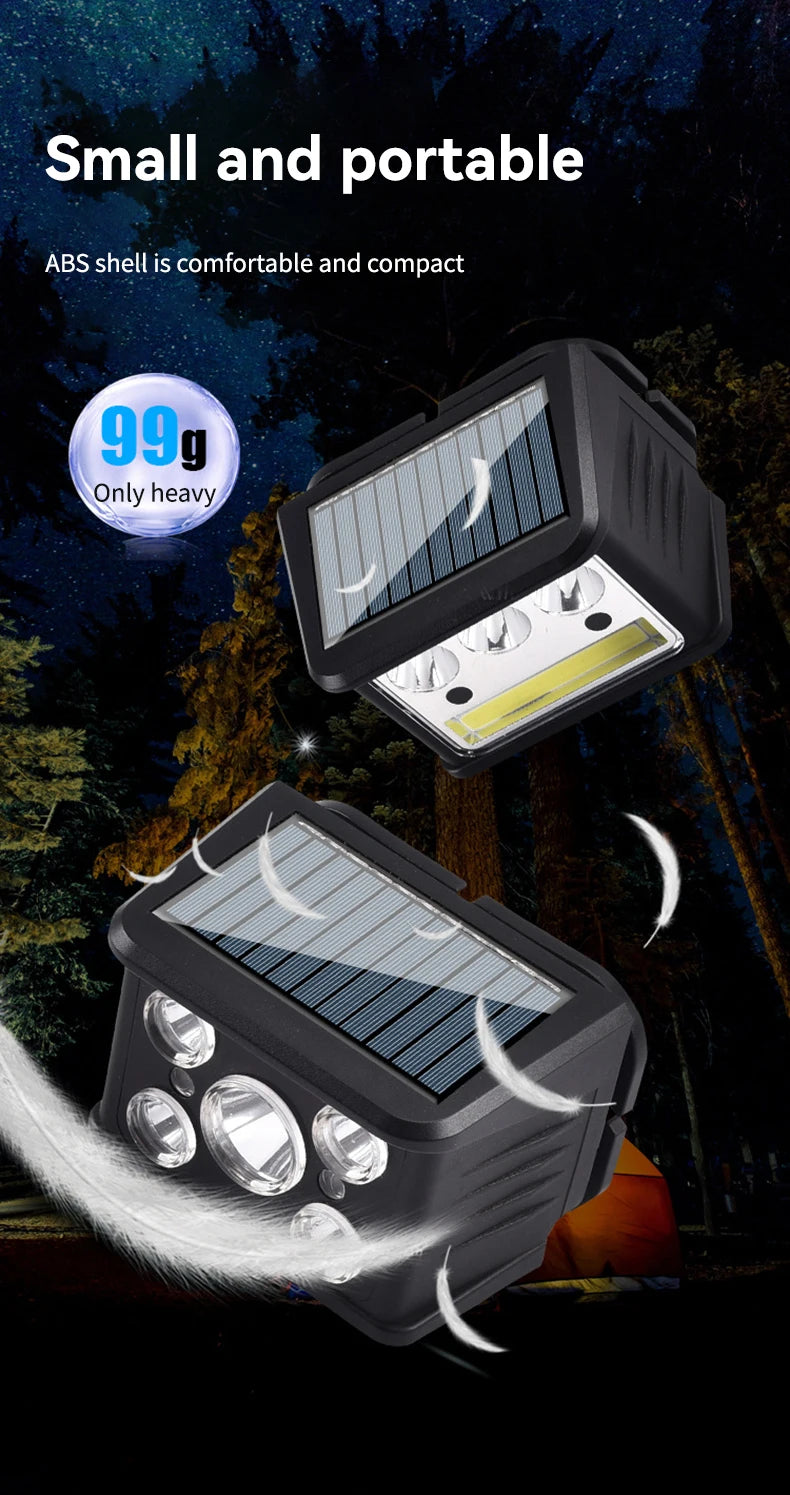 New Portable Solar LED COB Headlamp Five Mode Lighting USB Rechargeable Head Lantern Outdoor Waterproof Camping Headlight