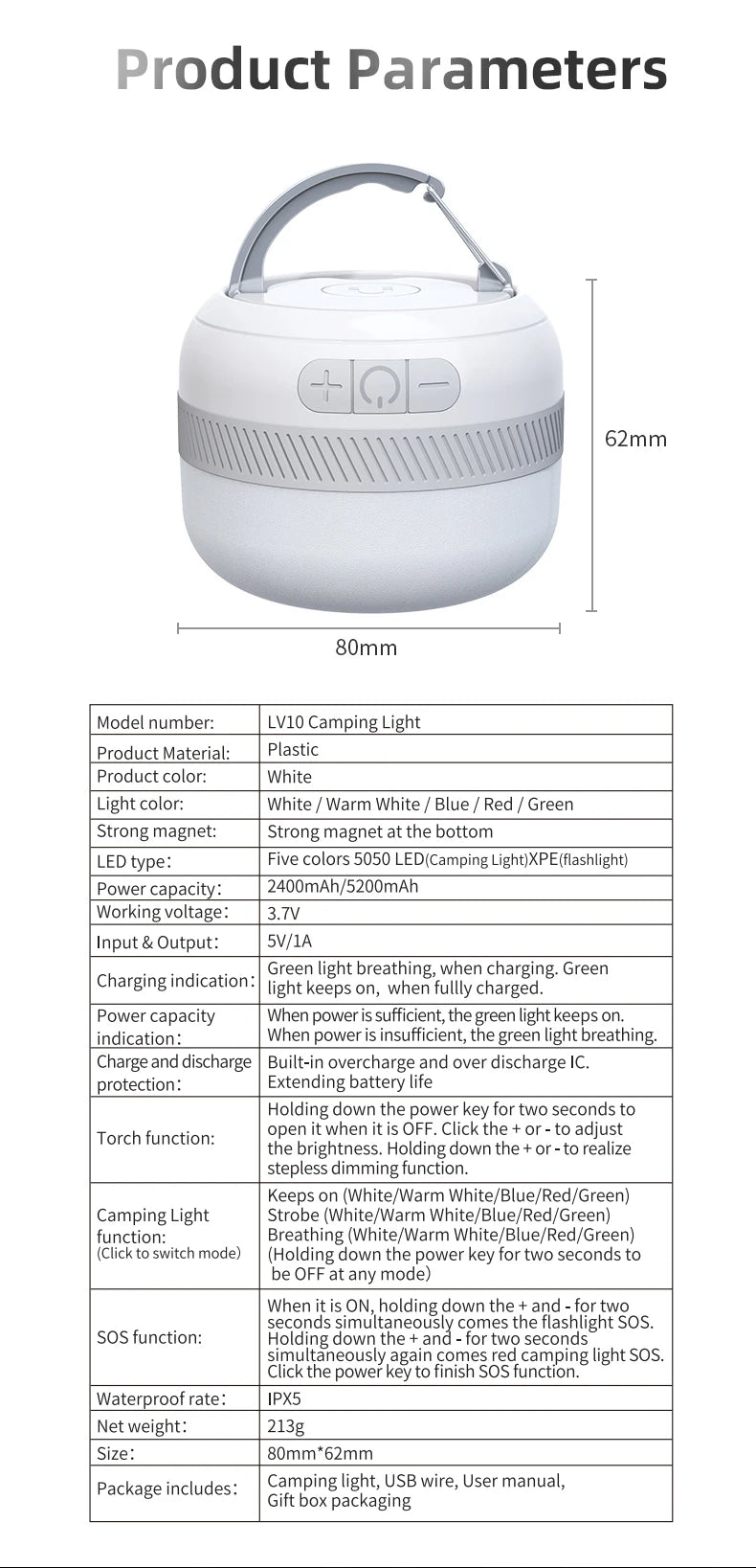 LV10 Outdoor LED Camping Flashlight 230 Hours Rechargeable Camping Lantern with Magnet Lighting Fixture Portable Emergency Light