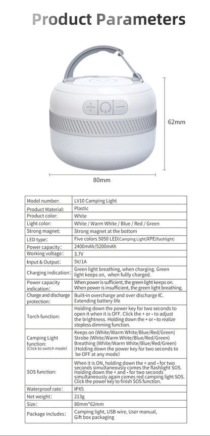 LV10 Outdoor LED Camping Flashlight 230 Hours Rechargeable Camping Lantern with Magnet Lighting Fixture Portable Emergency Light