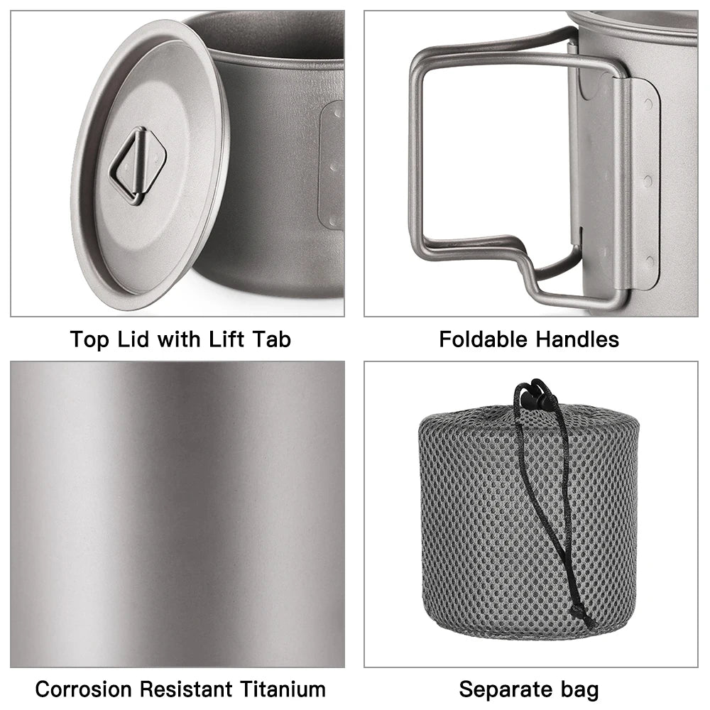 Lixada Ultralight Titanium Cup Mug 300/350/550/650ml/750ml Outdoor Water Cup Picnic Water Mug Tableware with Foldable Handle