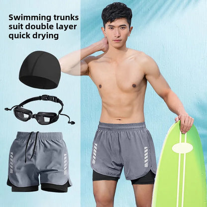 2025 New Anti Embarrassment Swimming  Gear Complete Adult Swimsuit Set Swim Cap Goggles 3 Pcs Set  Swimming Trunks for Men Short