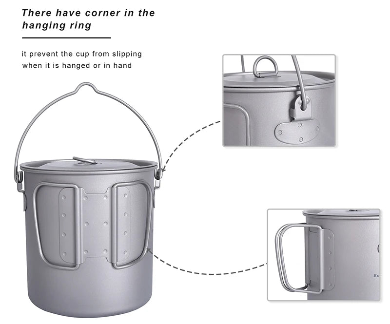 Boundless Voyage Camping Titanium Cup Mug Outdoor Tourist Picnic Cooking Hanging Pot Tableware Hiking Kitchen Equipment Cookware