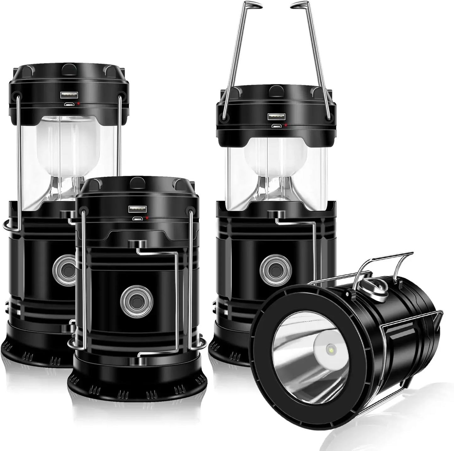 4Pack Solar Camping Lantern,Collapsible LED Solar USB Rechargeable Flashlight Emergency Hanging Lights for Camping Power Outages