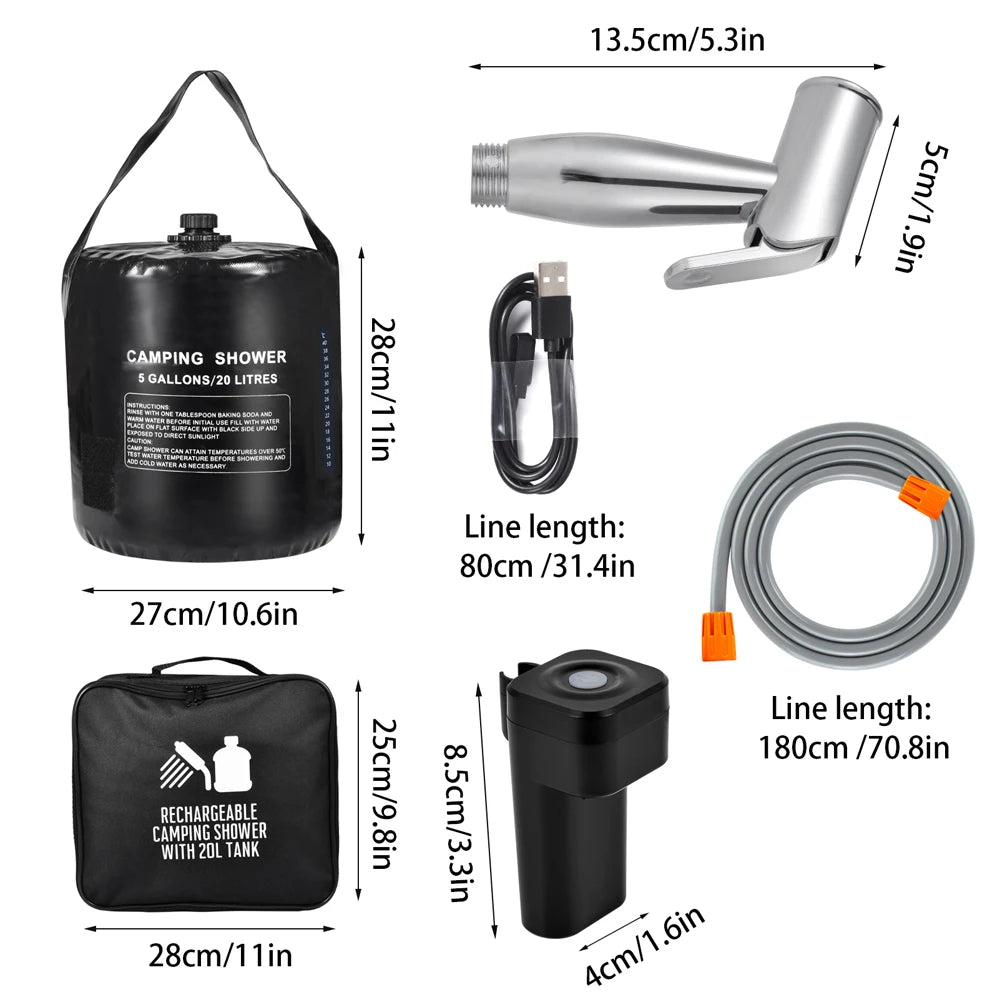 Portable Camping Shower with 20L Solar Heating Bag Rechargeable Electric Pump For Watering Flowers Hiking Beach Dog Washing
