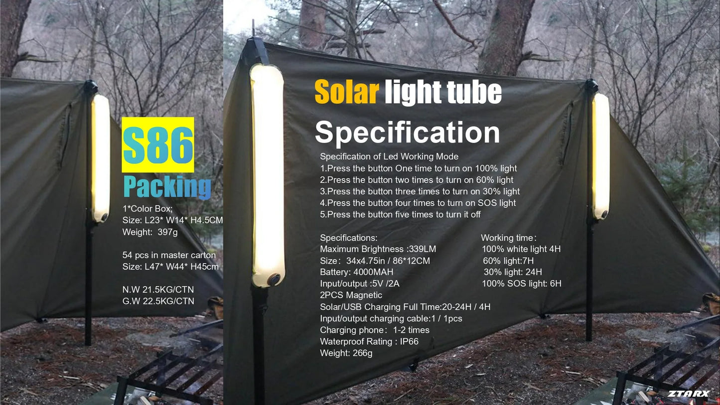 Portable Air Tube Light Foldable LED Soft Light Inflatable USB Solar Charging Waterproof Outdoor Photography Camping Lighting