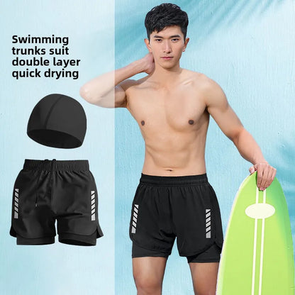2025 New Anti Embarrassment Swimming  Gear Complete Adult Swimsuit Set Swim Cap Goggles 3 Pcs Set  Swimming Trunks for Men Short