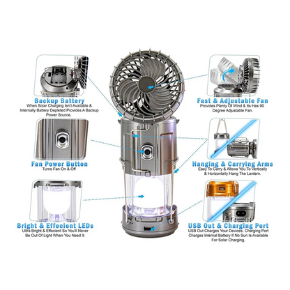 XSXS-6 In 1 Camping Fan 2 In 1 Hanging Fan With Led Lantern Solar Powered Fan Portable Rechargeable Gold
