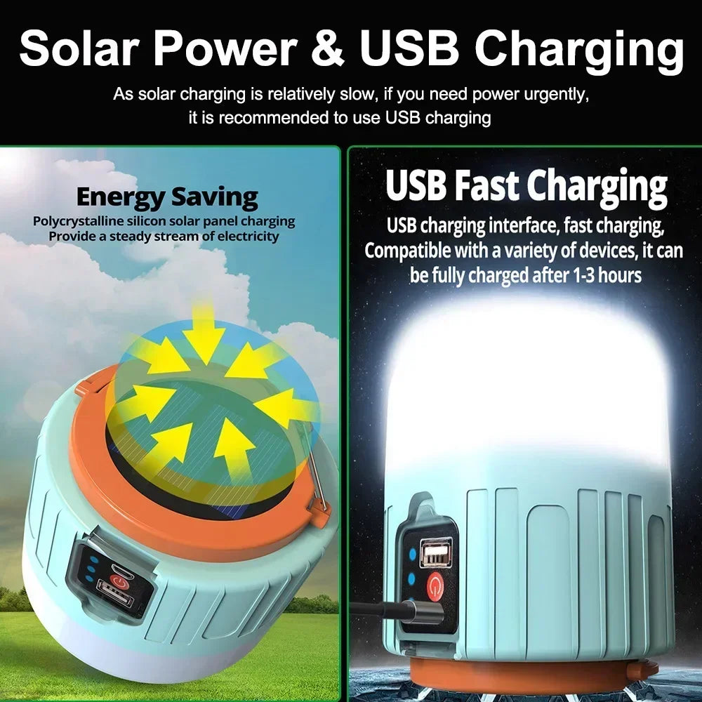 Solar LED Camping Light USB Rechargeable IP65 Lamp Outdoor Tent Hanging 4lighting Mode Lanterns Emergency Home Repair Work Light