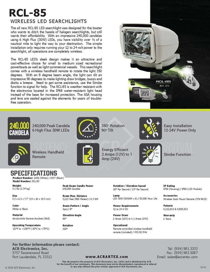 ACR RCL-85 White RC LED Searchlight 12-24V | 4Boats