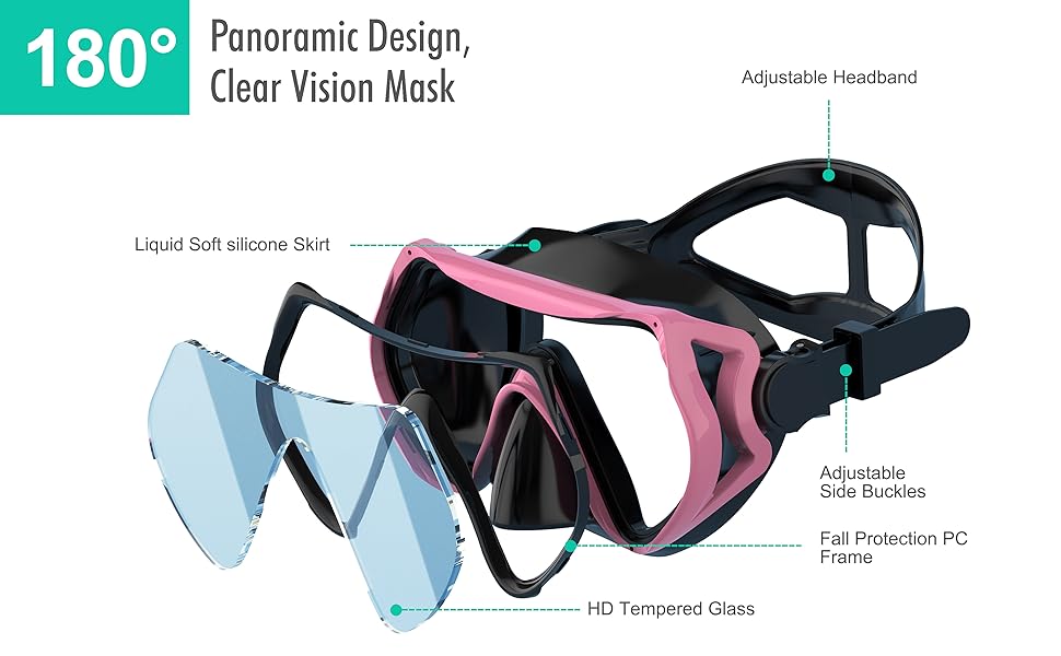 Adult Snorkelling Gear with 180 degree tempered glass anti-fog dry top snorkel Great Vision Swimming & Diving Gear